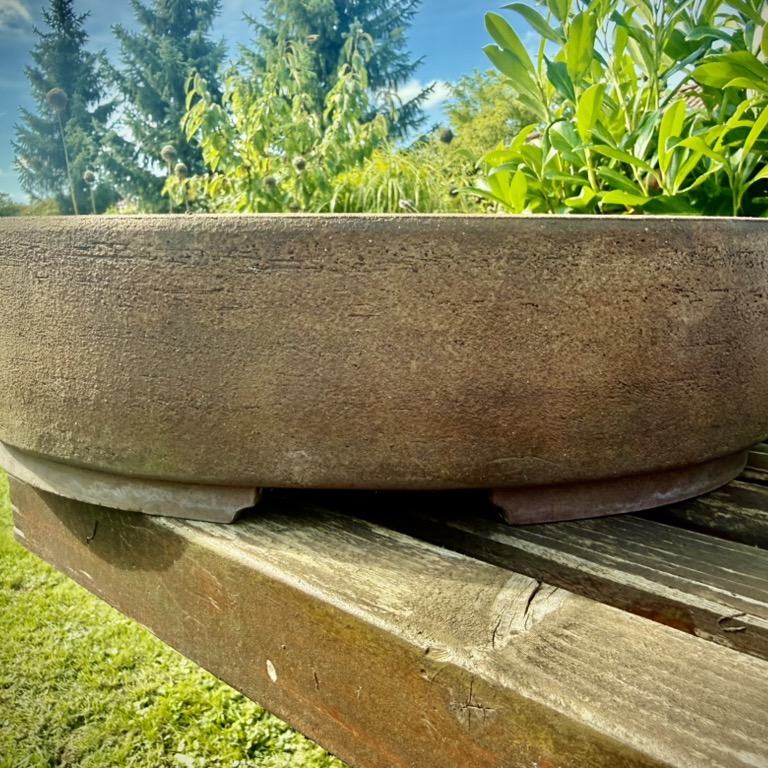 An unglazed oval bonsai pot resting on a weathered wooden bench in a garden