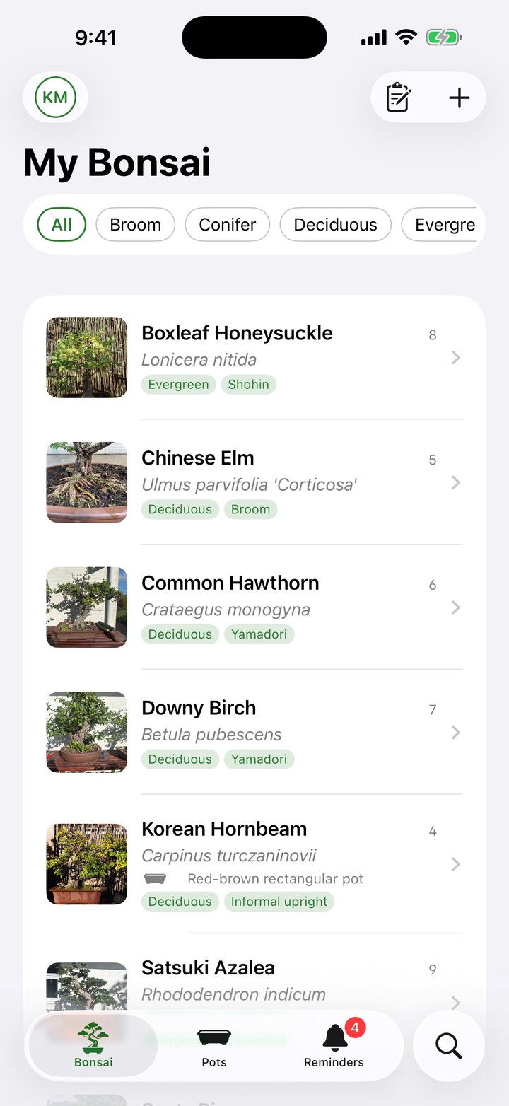 The Bonsai tab in BonsaiGlobe: eleven trees listed with photo, species, pot and tags, and a Reminders tab carrying a badge