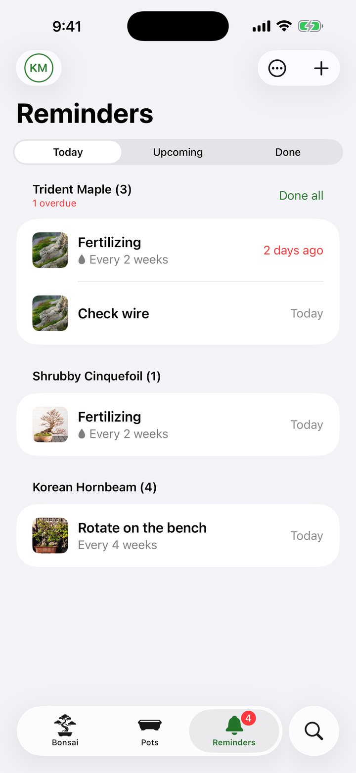 The Reminders tab grouped by tree, with one overdue fertilizing and three more due today