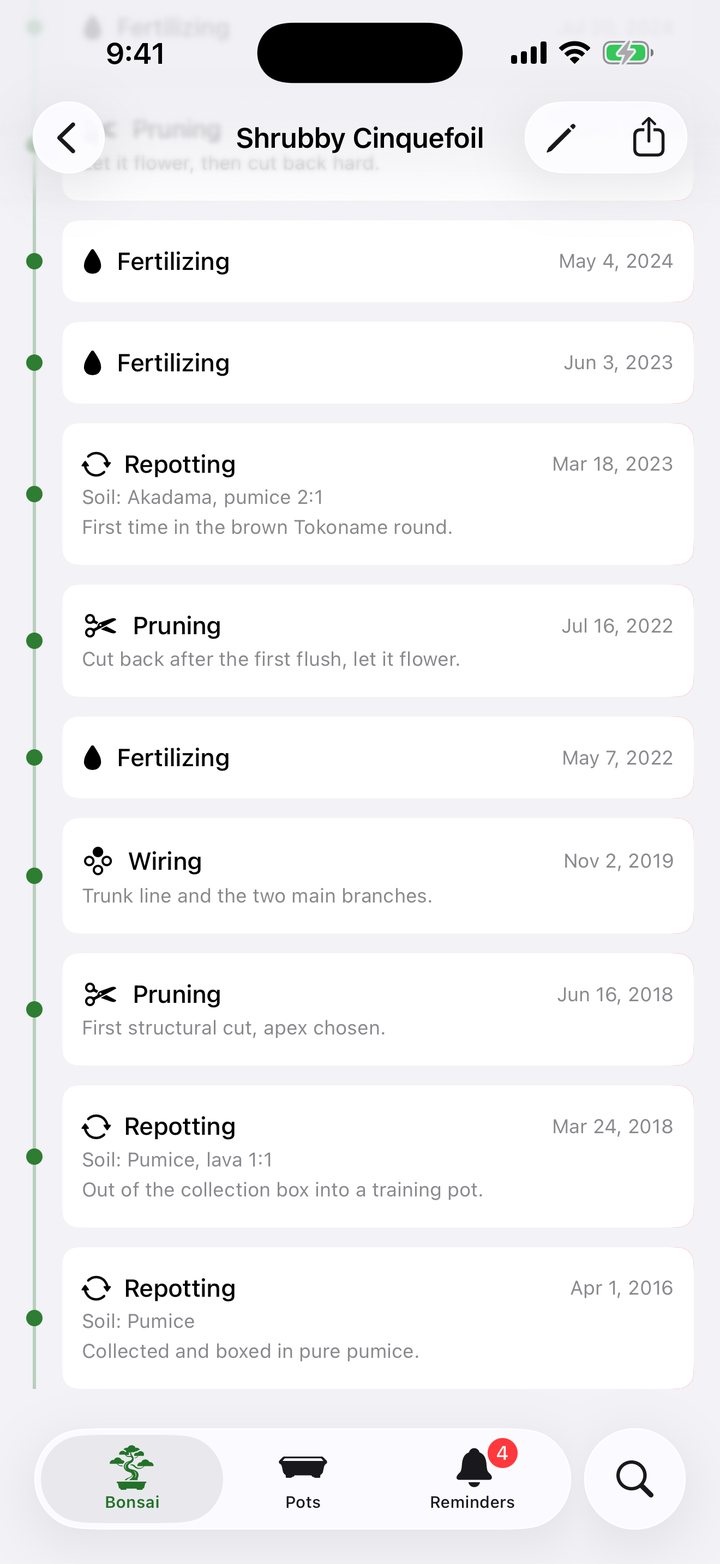 A tree’s timeline with fertilizing, pruning, wiring and repotting entries and their notes